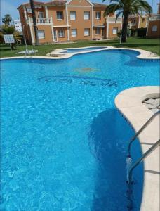 a large blue swimming pool in front of a building at Apartamento en Olivanova in Casas Devesa