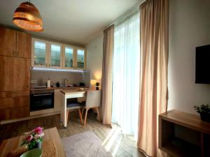 a kitchen with a table and a kitchen with a window at Studio Vidik Sofija in Divčibare
