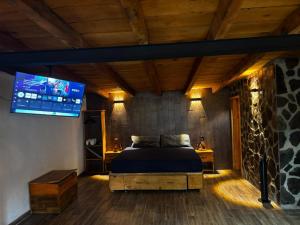 a bedroom with a bed and a flat screen tv at Mazamitla Pinos del Rio in Mazamitla