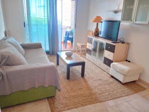a living room with a couch and a tv at Jardines del mar III-2ª linea de playa Piscina y Parking Ideal familias Marina d'Or in El Borseral