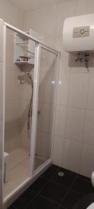 a shower with a glass door in a bathroom at Mycoffee Apartment in Mindelo
