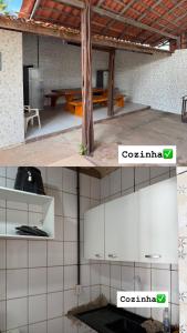 two pictures of a kitchen with a counter top at Recanto MARES DO SUL in Coruripe