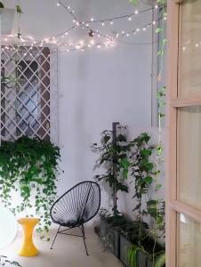 ein Stuhl in einem Raum mit Pflanzen und Lichtern in der Unterkunft Loft35 - Vasca Idromassaggio - Nel cuore di Palermo - Self check-in in Palermo