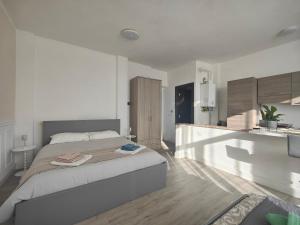 a white bedroom with a large bed and a kitchen at Mini Loft con terrazza vista Alpi in Vinovo +15 photos