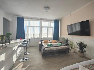 a living room with a bed and a flat screen tv at Mini Loft con terrazza vista Alpi in Vinovo