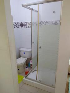 a bathroom with a shower and a toilet at Two-Bedroom Apartment with Ocean View in La Ciénaga