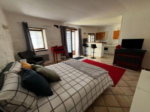 a bedroom with a bed and a couch and a kitchen at Studio La Parenthèse in Chinon