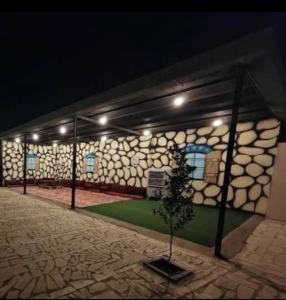 a building with a plant in front of it at night at شالية نخلة in Buraydah +4 photos