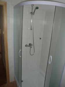 a shower with a glass door in a bathroom at Holiday Home Rizvan City in Brušane