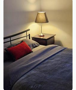 a bed with a red pillow and a lamp on a table at Euro Nomads in Melbourne
