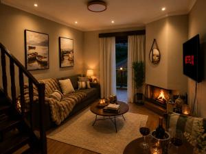 a living room with a couch and a fire place at Luxo no Castelo - Duplex Premium com Lazer total e Piscina aquecida in Campos do Jordão