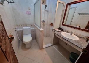 a bathroom with a toilet and a sink and a mirror at Khampiane Hotel in Vientiane +7 photos