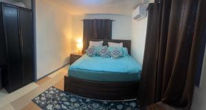 a bedroom with a bed with blue sheets and pillows at Manutapu Lodge in Tongatapu