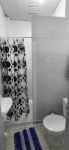 a bathroom with a toilet and a shower curtain at Pousada Familiar 01 in Rio do Sul