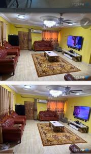 two pictures of a living room with couches and a tv at Nuria luxurious one bed room apartment in Sekondi-Takoradi