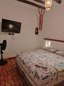 a bedroom with a bed and a flat screen tv at Apartamento Colonial VaraEchada in Barichara