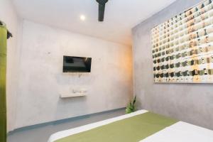 a room with a television on a wall with a green rug at Casa Shalom Green in Bacalar +23 photos