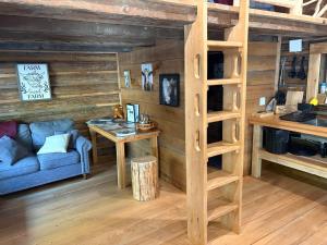 ein Wohnzimmer mit einem Hochbett und einem Tisch in der Unterkunft Mini Moo-light Cabin in Clearwater