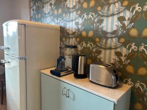 a kitchen with a counter with a coffee maker and a refrigerator at ArtBeat Downtown in Turku +17 photos