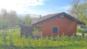 a small house in the middle of a field at Cabana Laura in Tîrnăveni +6 photos
