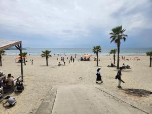 a group of people on a beach with palm trees at Peace House Isonoura in Wakayama