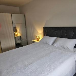 a bedroom with a large white bed with two lamps at Nora in Žepče