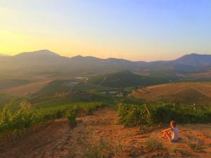 アルカモにあるAgriturismo Tarantolaの谷を見下ろす丘に腰掛けた女性