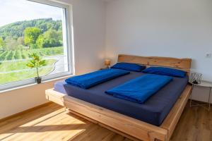 a bed in a room with a large window at Ferienhaus Aura in Bodman-Ludwigshafen