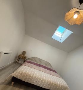 a small bedroom with a bed and a skylight at Chez Mimi in Maubert-Fontaine