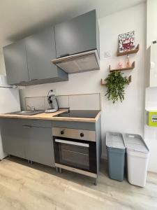 a kitchen with a sink and a trash can at Chez Mimi in Maubert-Fontaine