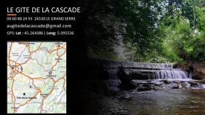 a book with a picture of a waterfall and a map at au gite de la cascade in Le Grand Serre +10 photos