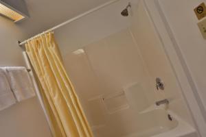 a shower with a yellow shower curtain in a bathroom at Nittany Budget Motel in State College