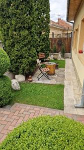 a bench sitting in a yard with a tree at Casa Teo in Buzău