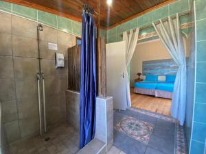 a bathroom with a shower and a bed in a room at BlueSkyMining in Kingsborough