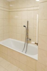 a bath tub with a shower in a bathroom at Lakeview Apartment in Ostriach