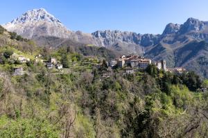 a village on a hill with mountains in the background at Arco delle Apuane by Migliorini in Stazzema