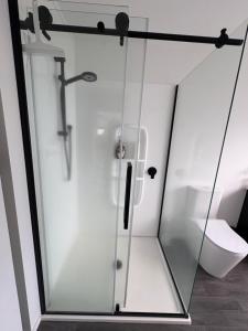 a glass shower in a bathroom with a toilet at T Two on Whakaue in Rotorua +29 photos