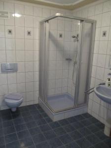 y baño con ducha, aseo y lavamanos. en Gasthof zum Galik en Großkrut