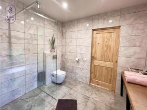 a bathroom with a toilet and a glass shower at Lilac room in Ozolnieki +1 photo