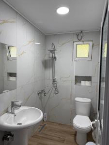 a bathroom with a white toilet and a sink at Guesthouse Mili in Piqeras +55 photos
