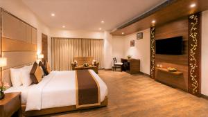 a hotel room with a bed and a television at Hotel Royal Aravali in Udaipur