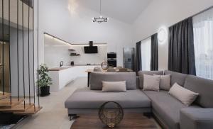 a living room with a couch and a kitchen at G-Ammos 5 Star Villa by elite in Tragaki