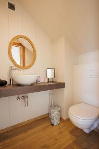 a bathroom with a sink and a toilet and a mirror at Huisje aan de Schelde in Spiere +116 photos