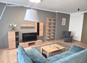 a living room with a blue couch and a tv at The Gusto apartmán in Chomutov