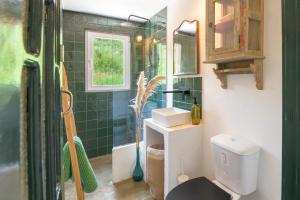 a bathroom with a toilet and a sink and a mirror at Cozy Countryside Studio in Aldeia do Cano +14 photos