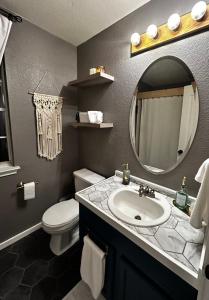 a bathroom with a sink and a toilet and a mirror at Quaint & Vivacious Room-Queen in Kyle +15 photos