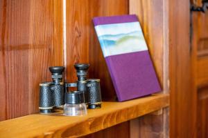 a shelf with four cameras and a purple box at Kleines Waldglück in Lenzkirch