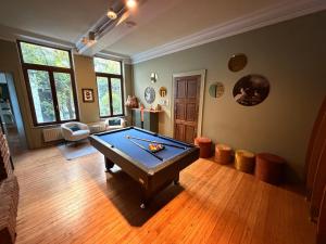 a room with a pool table on a wooden floor at Capsule camelia un charme Montois in Mons