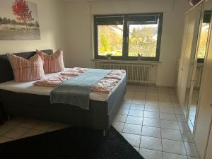 a bedroom with a bed with pillows and a window at Ferienhaus Windrödel in Herzhausen +14 photos