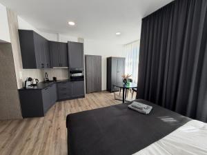 a large room with a bed and a kitchen at Apartament Centrum Chojniczanka in Chojnice